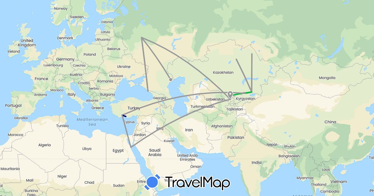 TravelMap itinerary: driving, bus, plane in Egypt, Kyrgyzstan, Kazakhstan, Russia, Turkey, Uzbekistan (Africa, Asia, Europe)